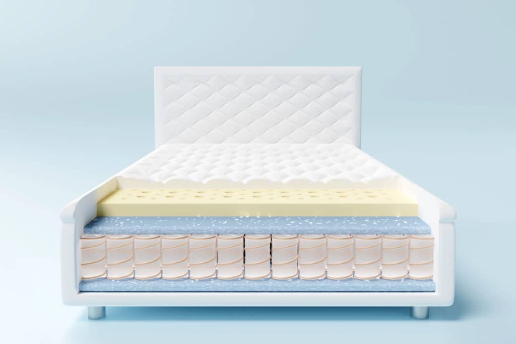 Memory foam hybrid mattress layers showing coils and foam cushioning